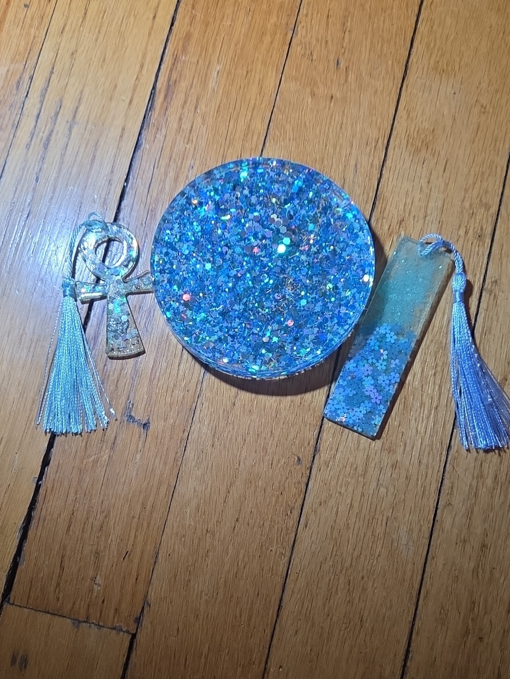 🦋 Handmade-Sparkling Blue Resin Coaster and Bookmark Set